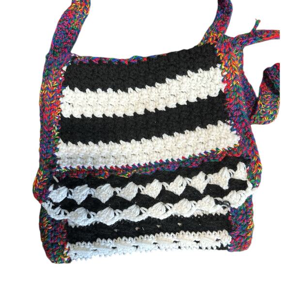Crochet Purse Hand Made Multicolor Black And White Flap Closure Long Strap‎ - Picture 1 of 9